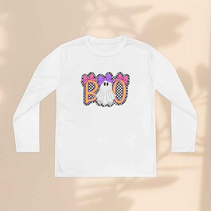 Sea Dragon Dreams white long sleeve kids Halloween shirt with a ghost Boo graphic featuring pink and purple bows.