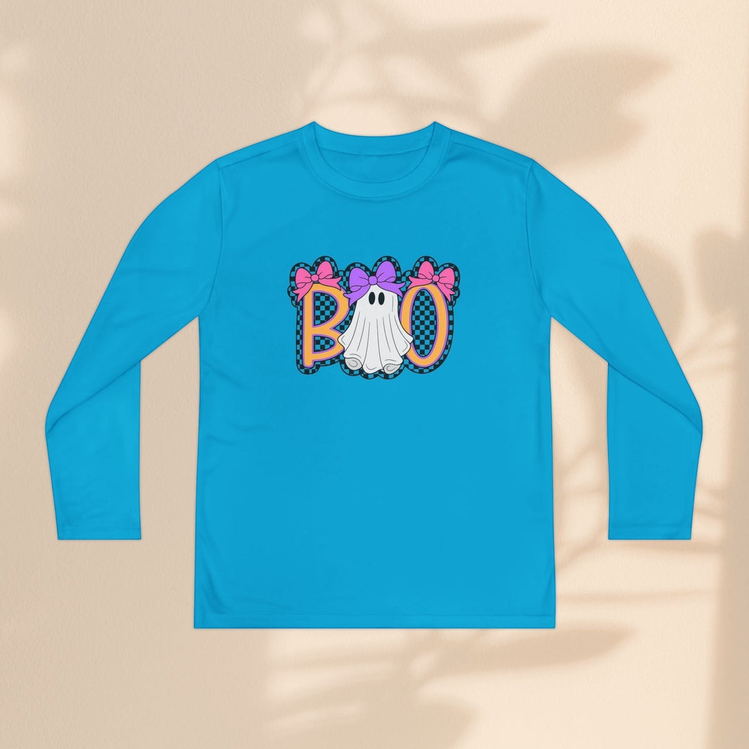 Sea Dragon Dreams kids blue long sleeve Halloween shirt with a ghost and Boo graphic featuring pink and purple bows.