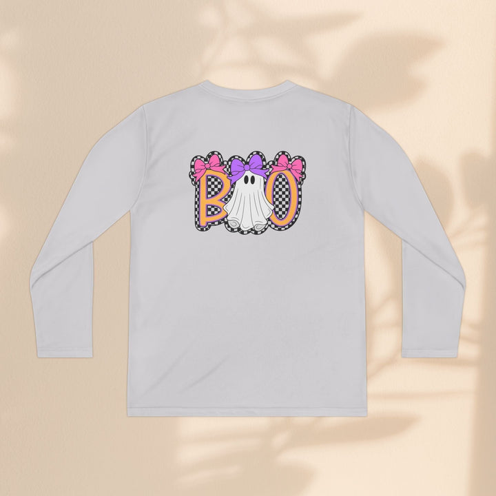 Sea Dragon Dreams kids long sleeve Halloween shirt with a ghost and Boo graphic featuring pink and purple bows.