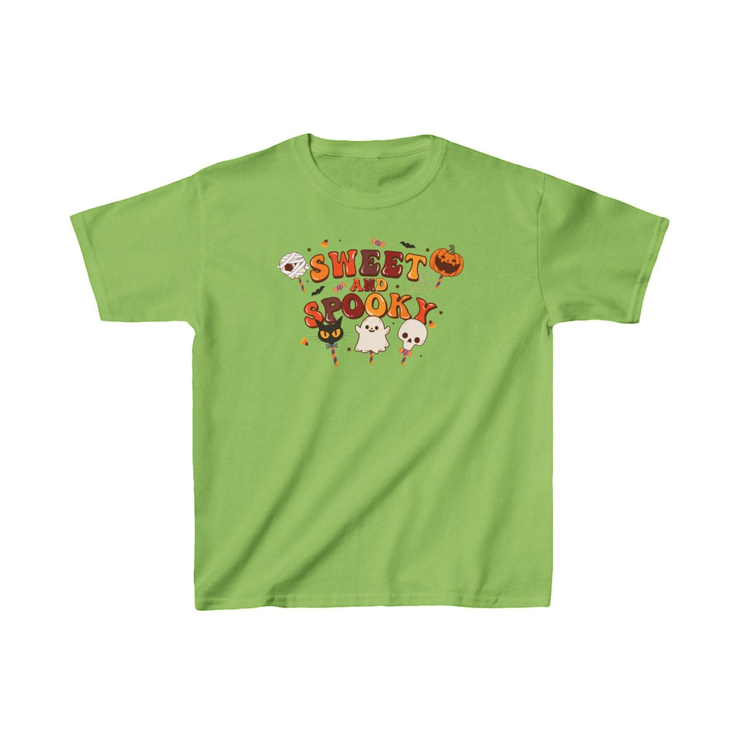 Sea Dragon Dreams kids green cotton t-shirt with Sweet and Spooky Halloween candy and ghost graphic print