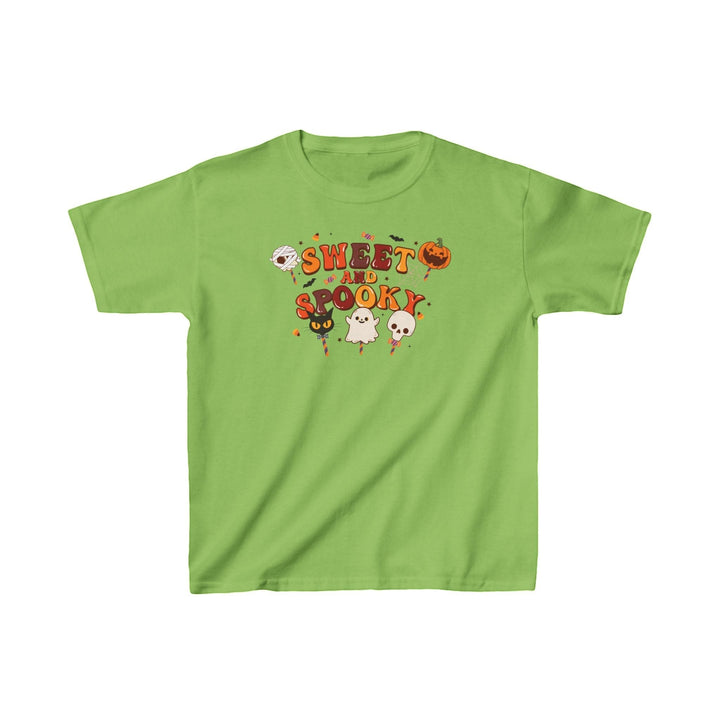 Sea Dragon Dreams kids green cotton t-shirt with Sweet and Spooky Halloween candy and ghost graphic print