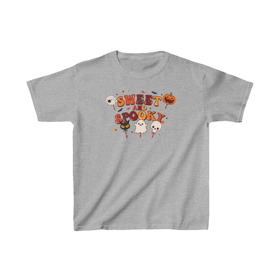 Sea Dragon Dreams kids grey cotton t-shirt with Sweet and Spooky Halloween candy and ghost graphic print