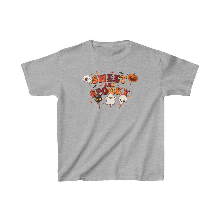 Sea Dragon Dreams kids grey cotton t-shirt with Sweet and Spooky Halloween candy and ghost graphic print