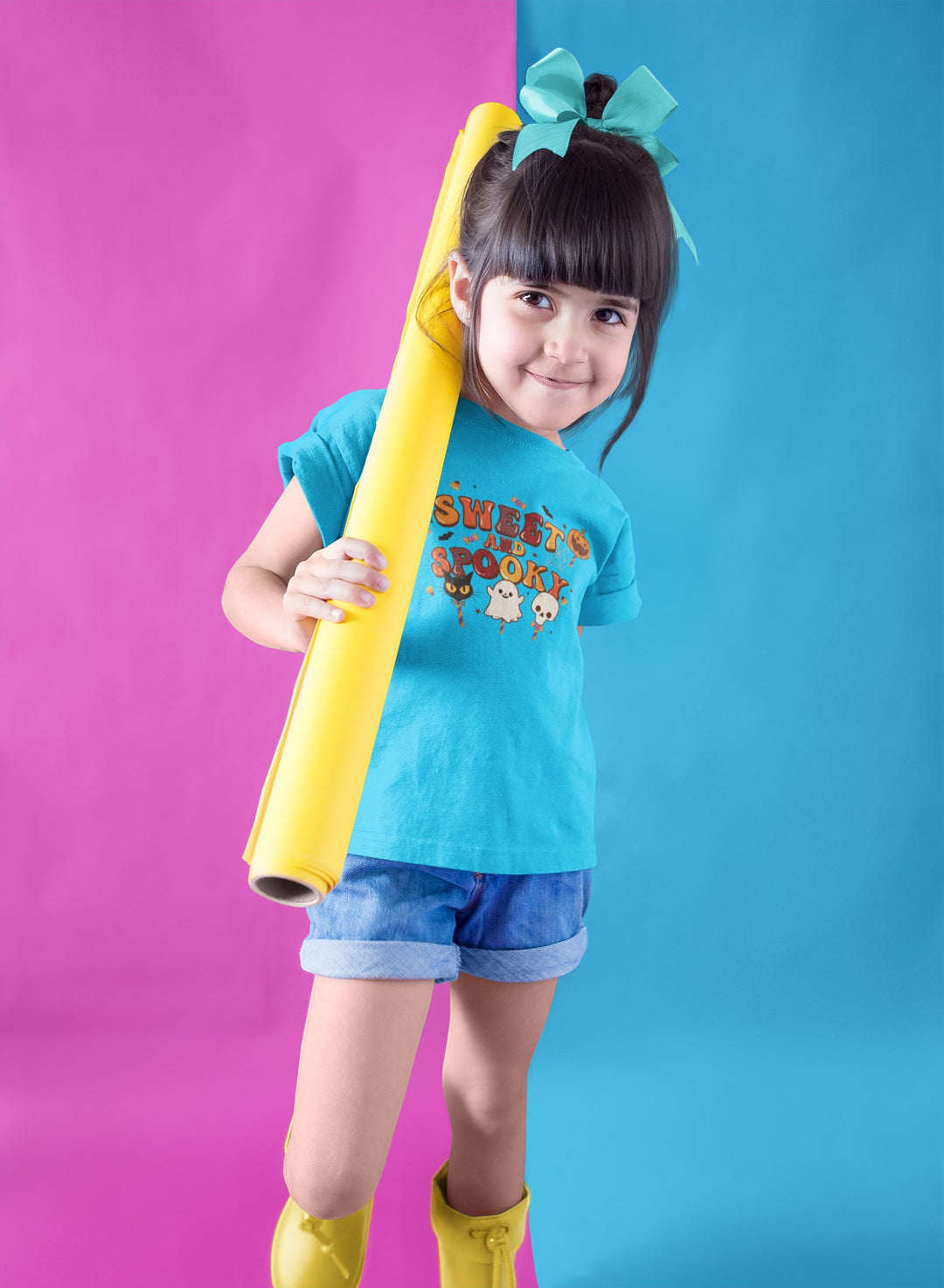 Sea Dragon Dreams kids blue cotton t-shirt with Sweet and Spooky Halloween graphic worn by a smiling girl