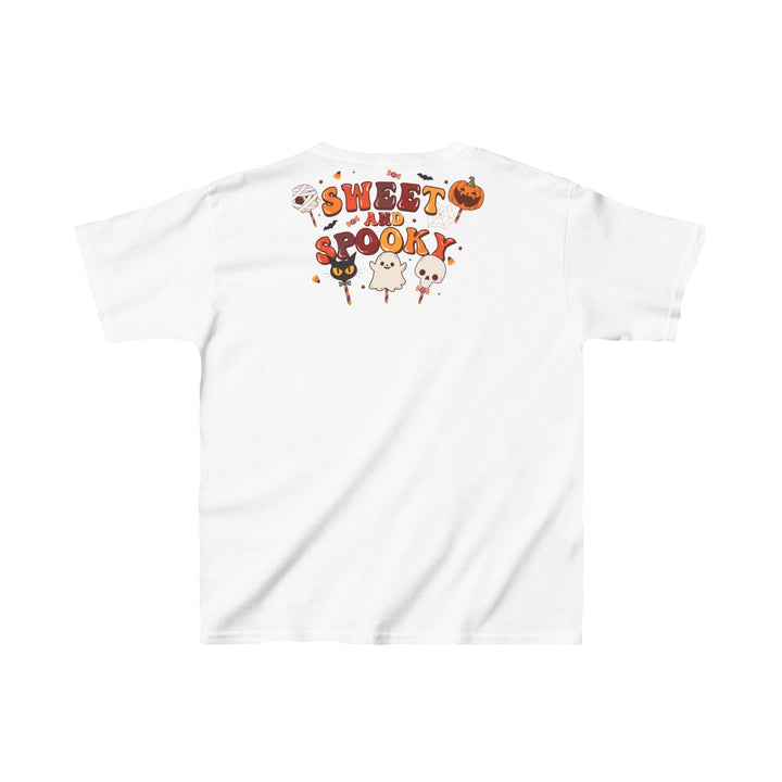 Sea Dragon Dreams white kids cotton t-shirt featuring a Sweet and Spooky Halloween graphic on the back
