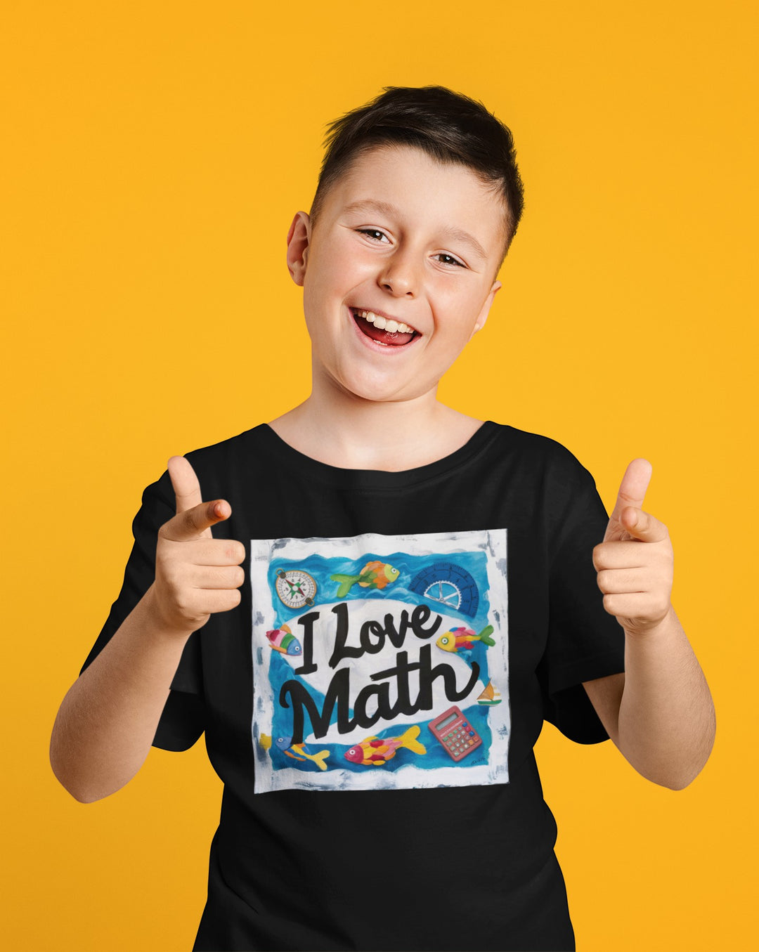 Sea Dragon Dreams kids black cotton t-shirt with I Love Math graphic featuring fish and math tools on yellow background