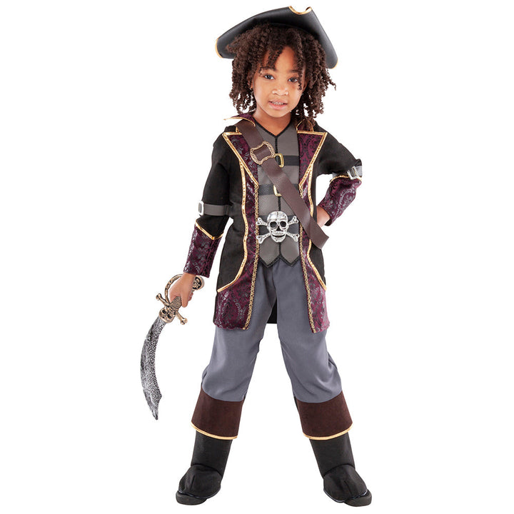 Sea Dragon Dreams kids pirate captain costume featuring a black and burgundy coat with skull emblem and tricorn hat