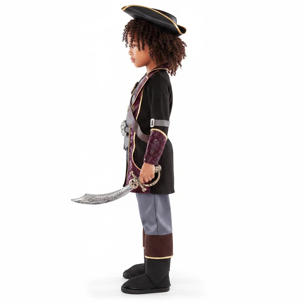 Child wearing a Sea Dragon Dreams pirate captain costume with a tricorn hat, velvet coat, and toy sword
