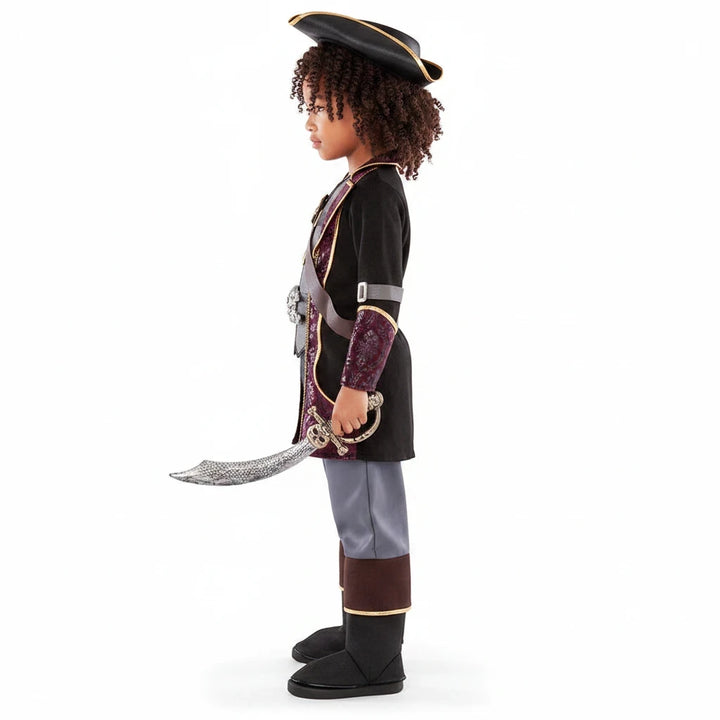Child wearing a Sea Dragon Dreams pirate captain costume with a tricorn hat, velvet coat, and toy sword