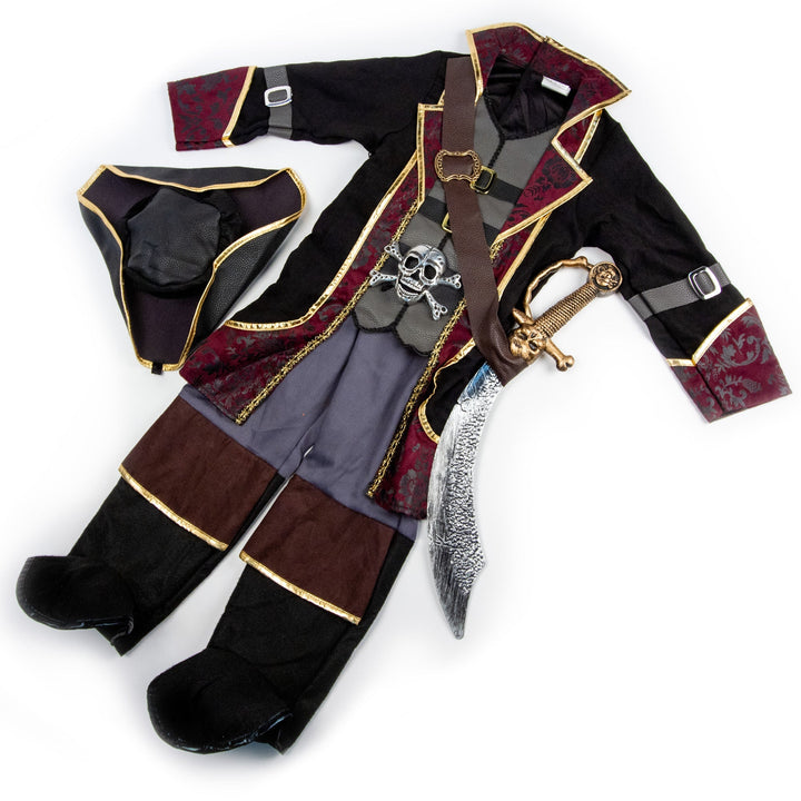 Sea Dragon Dreams kids pirate captain costume with coat, pants, hat, and toy sword for imaginative dress-up play.