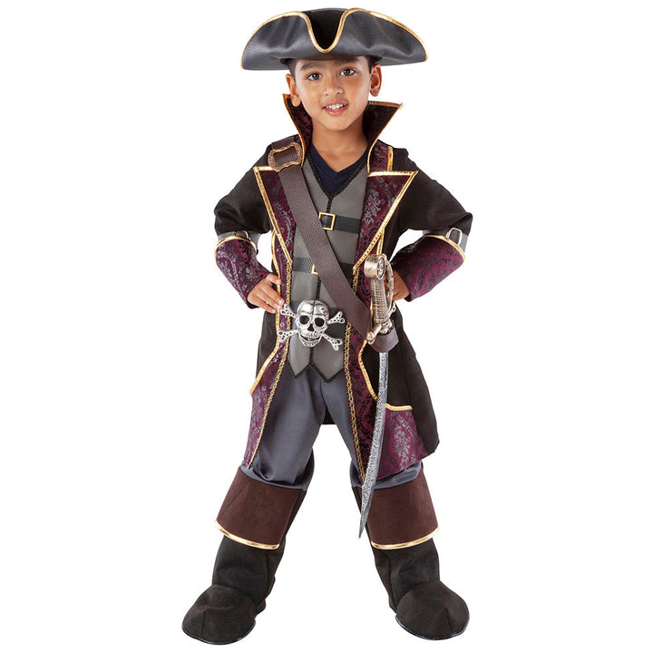Sea Dragon Dreams kids pirate captain costume featuring a black and burgundy coat, tricorn hat, and skull belt buckle.