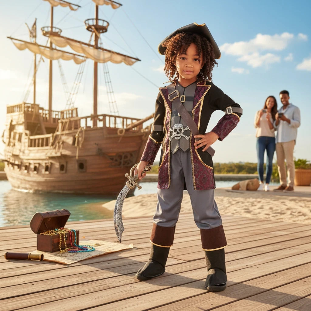 Sea Dragon Dreams kids pirate captain costume featuring a black and burgundy coat, skull belt, and tricorn hat.