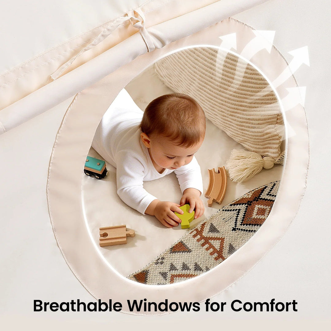 Sea Dragon Dreams Boho Cream kids play tent featuring a breathable mesh window with a baby playing inside on a rug.