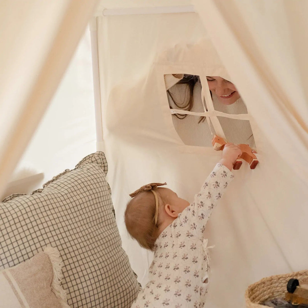Sea Dragon Dreams Tiny Land kids play tent in cream fabric with a mother and baby playing through the window