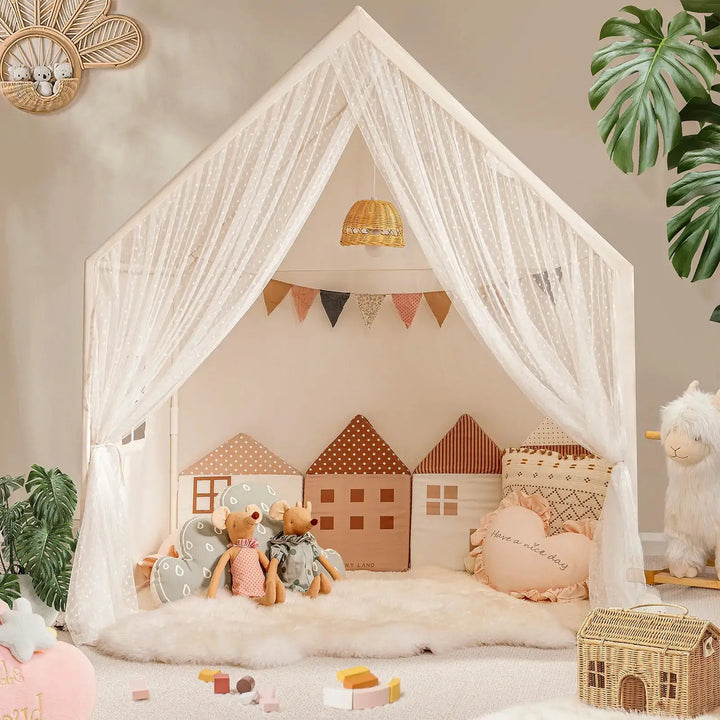 Sea Dragon Dreams Tiny Land kids play tent with sheer white curtains, star lights, and cozy plush interior decor.
