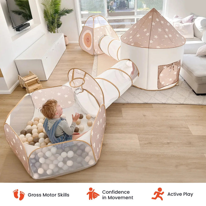 Sea Dragon Dreams Tiny Land 5-in-1 foldable play tunnel and tent set with star pattern in a bright living room