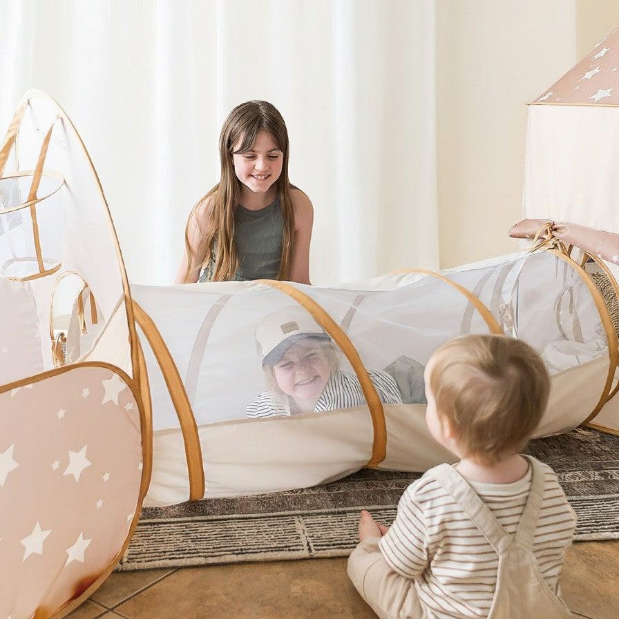 Sea Dragon Dreams Tiny Land Discovery 5-in-1 play tunnel with mesh sides and star pattern for kids indoor play