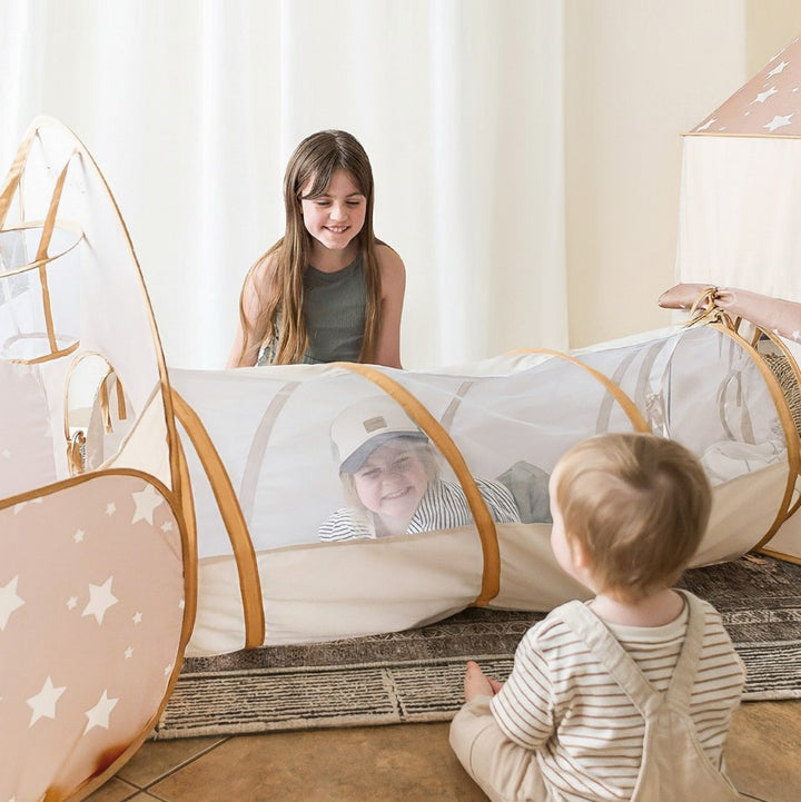 Sea Dragon Dreams Tiny Land Discovery 5-in-1 play tunnel with mesh sides and star pattern for kids indoor play
