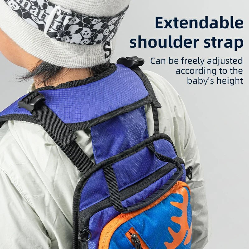 Sea Dragon Dreams H53 kids ski training backpack with adjustable shoulder straps and blue and orange durable fabric.