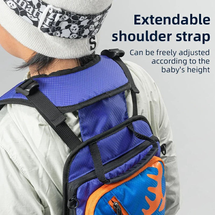 Sea Dragon Dreams H53 kids ski training backpack with adjustable shoulder straps and blue and orange durable fabric.