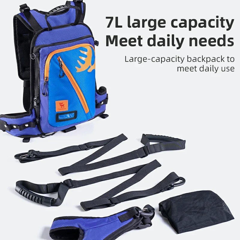 Sea Dragon Dreams Qunature H53 blue kids ski training backpack with traction rope, storage compartments, and helmet net.