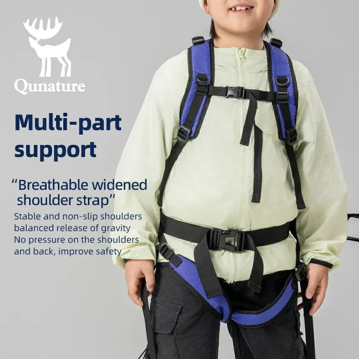 Sea Dragon Dreams Qunature H53 kids ski training backpack with blue padded shoulder straps and adjustable safety buckles