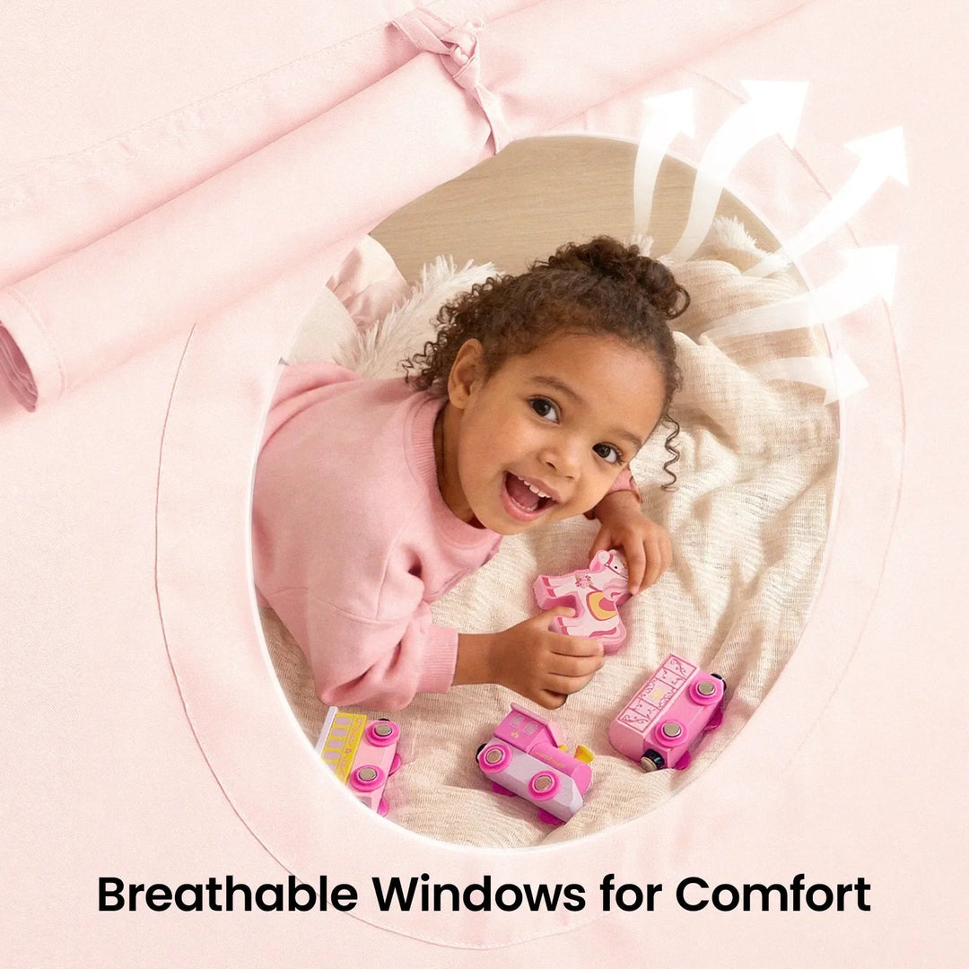 Sea Dragon Dreams kids tent with a young girl playing inside, showing the breathable side window design.
