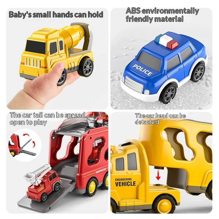 Sea Dragon Dreams kids vehicle carrier toy set featuring interactive plastic police, fire, and construction trucks