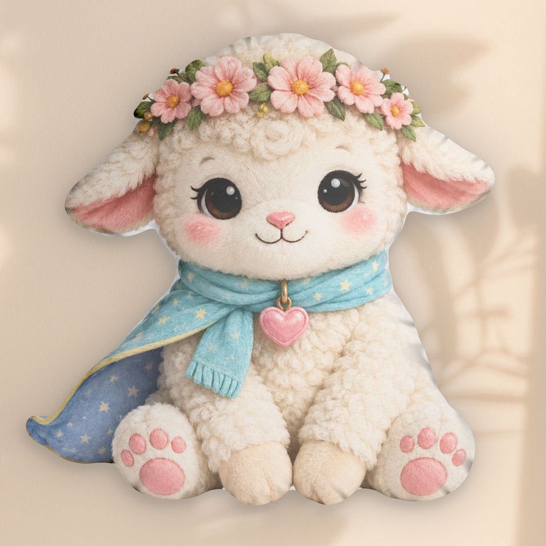 Sea Dragon Dreams Kind Lamb pillow with a floral crown, blue star scarf, and pink heart charm for kids.