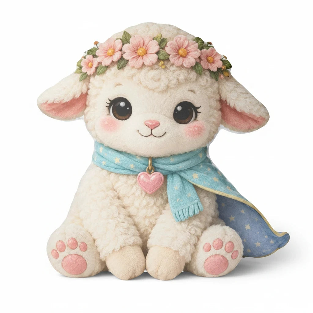 Sea Dragon Dreams Kind Lamb pillow for kids featuring a soft white lamb with a flower crown and blue star scarf.
