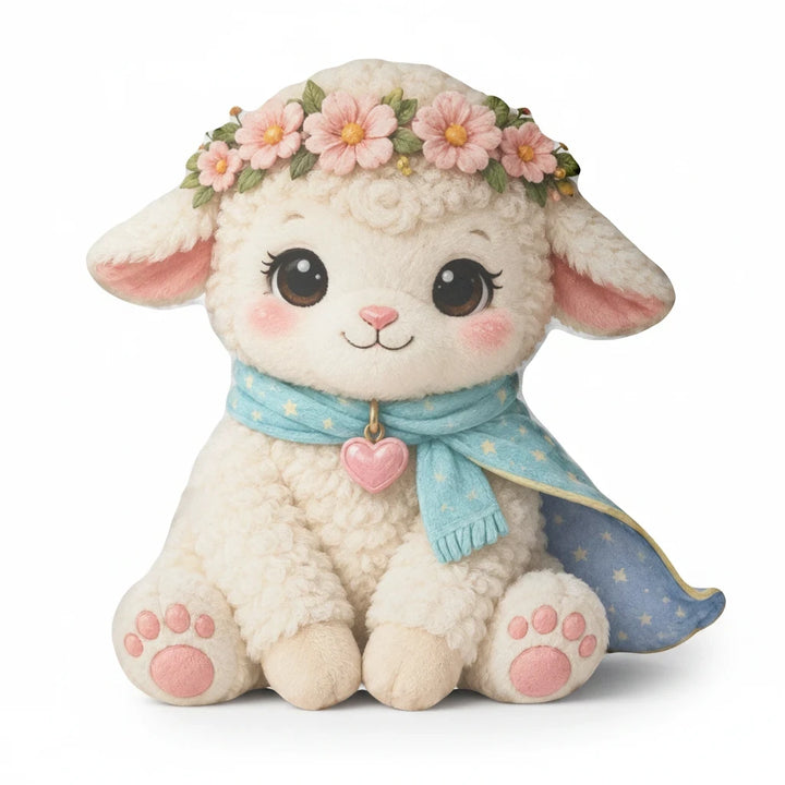 Sea Dragon Dreams Kind Lamb pillow for kids featuring a soft cream lamb with a floral crown and blue star scarf.