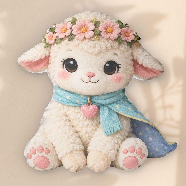 Sea Dragon Dreams Kind Lamb plush pillow featuring a white lamb with a flower crown, blue star scarf, and heart charm.