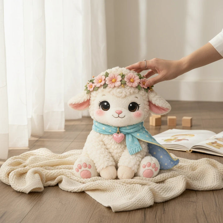 Sea Dragon Dreams Kind Lamb plush pillow with a floral crown, blue scarf, and heart charm on a soft cream blanket.