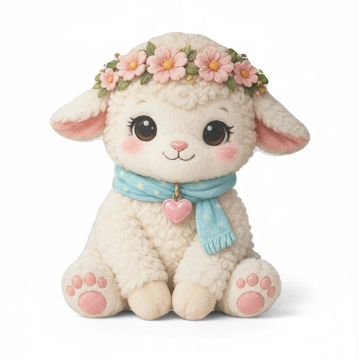 Sea Dragon Dreams Kind Lamb plush pillow for kids featuring a floral crown, blue scarf, and soft cream-colored wool.