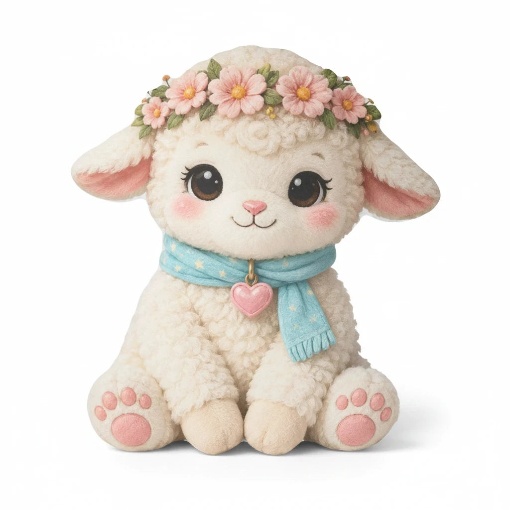 Sea Dragon Dreams Kind Lamb plush pillow for kids featuring a floral crown, blue scarf, and soft cream-colored wool.