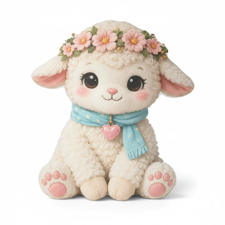 Sea Dragon Dreams Kind Lamb plush pillow for kids featuring a floral crown, blue scarf, and soft cream-colored wool.