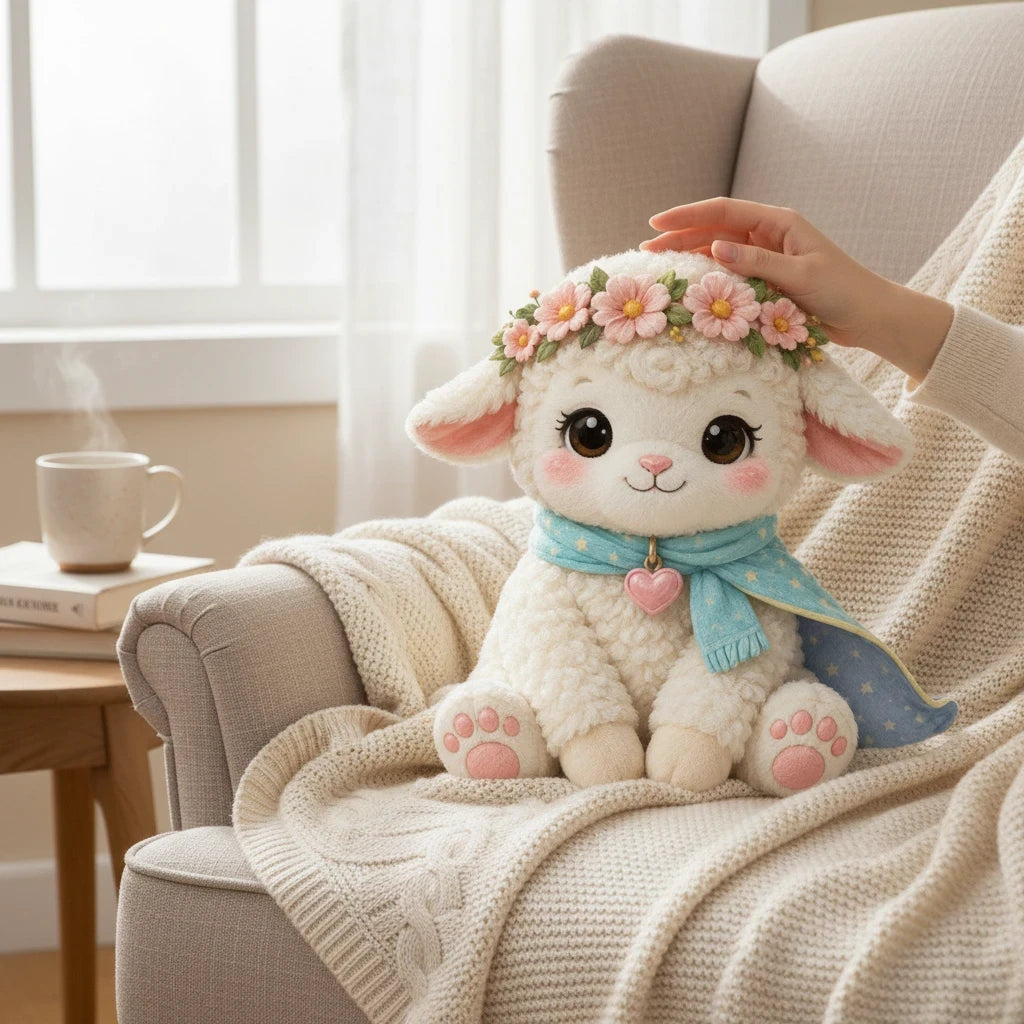 Sea Dragon Dreams Kind Lamb plush pillow with a floral crown and blue scarf, sitting on a cozy armchair.