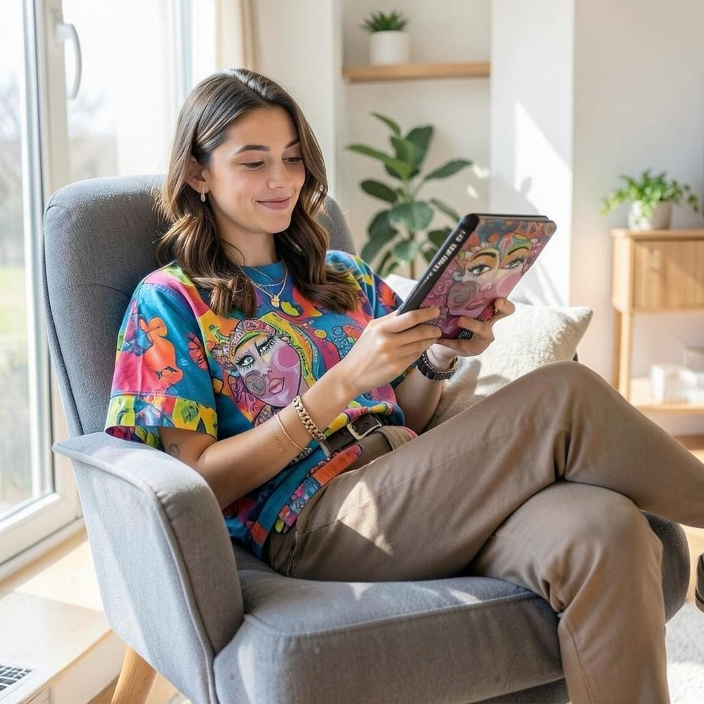 A woman reading a Kindle in a Sea Dragon Dreams bohemian art case while wearing a matching colorful graphic t-shirt.