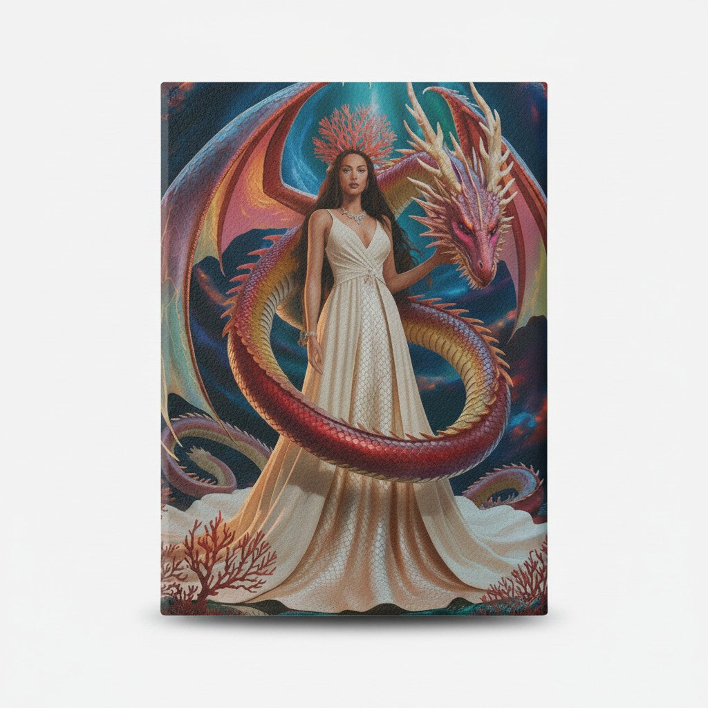Sea Dragon Dreams Kindle case featuring fantasy artwork of a woman in a white dress with a majestic dragon guardian.