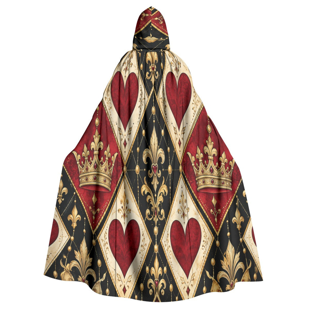 Sea Dragon Dreams King of Hearts hooded cloak with red, black, and gold playing card pattern and crown motifs.
