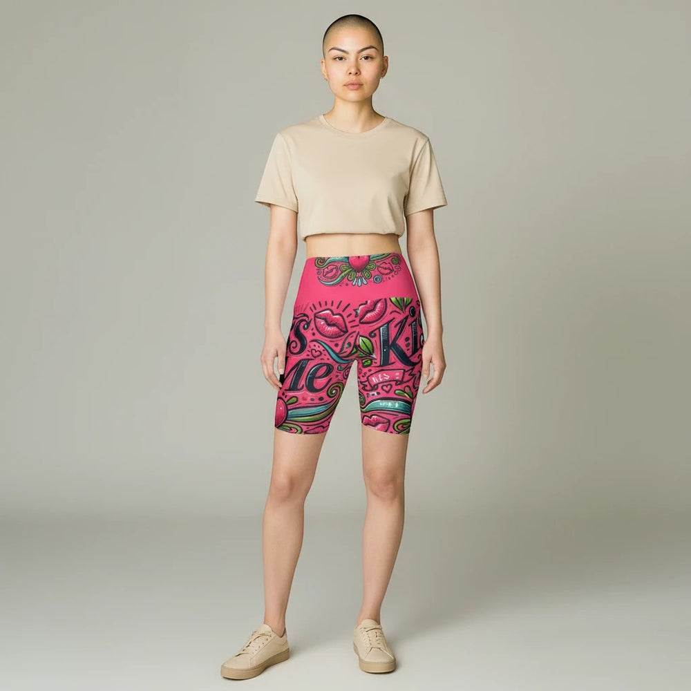 Sea Dragon Dreams high-waisted workout shorts in pink with a playful Kiss Me print, worn by a model with a crop top.