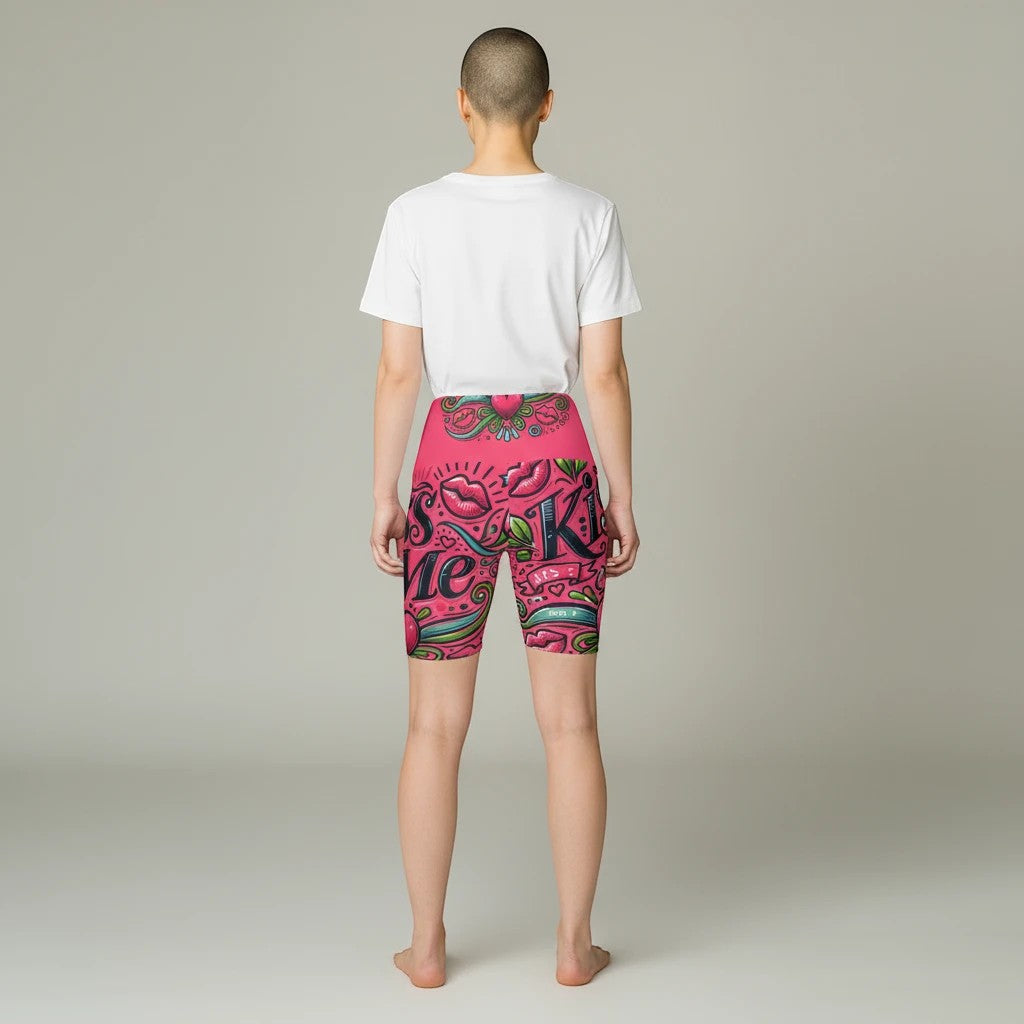 Sea Dragon Dreams high-waisted workout shorts with a pink Kiss Me graphic print, worn by a model from the back view.