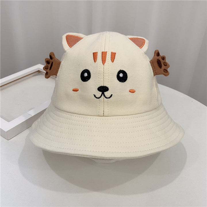 Sea Dragon Dreams cream baby bucket hat featuring an embroidered kitten face with cute 3D ears and paw accents