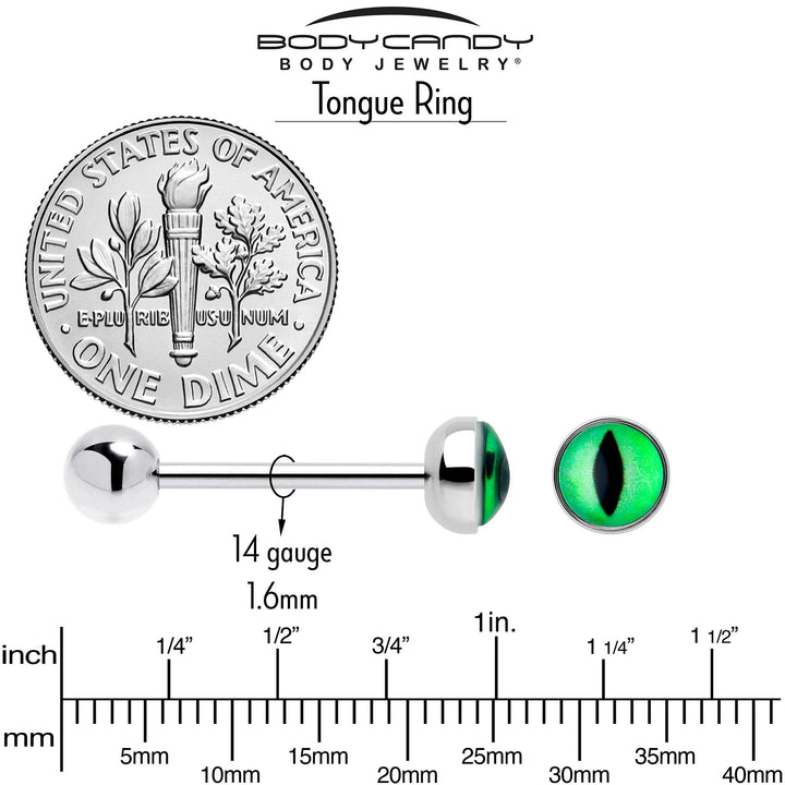 Sea Dragon Dreams UV reactive kitty green eye tongue ring barbell shown next to a US dime for size reference