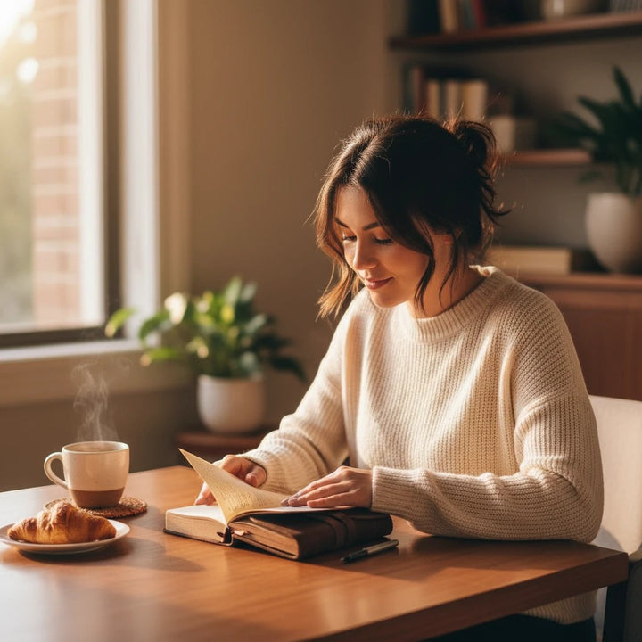 Woman reading a Sea Dragon Dreams Kodiak leather travel journal at a wooden table with coffee and a croissant.