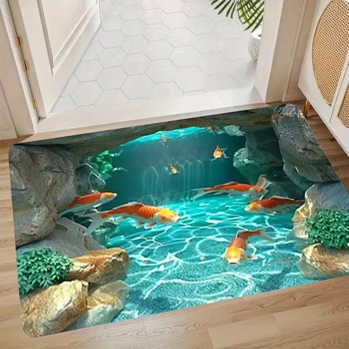 Sea Dragon Dreams microfiber doormat featuring a 3D koi fish pond design with rocks and clear blue water