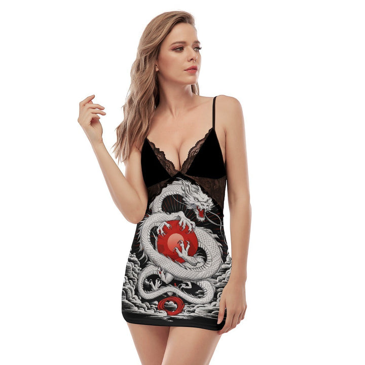 Sea Dragon Dreams camisole dress featuring a white dragon and red orb graphic with delicate black lace trim and straps