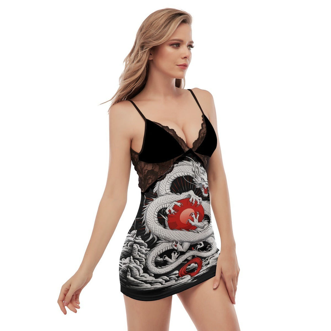 Sea Dragon Dreams cami dress featuring a bold white dragon and red orb print with black lace trim and spaghetti straps