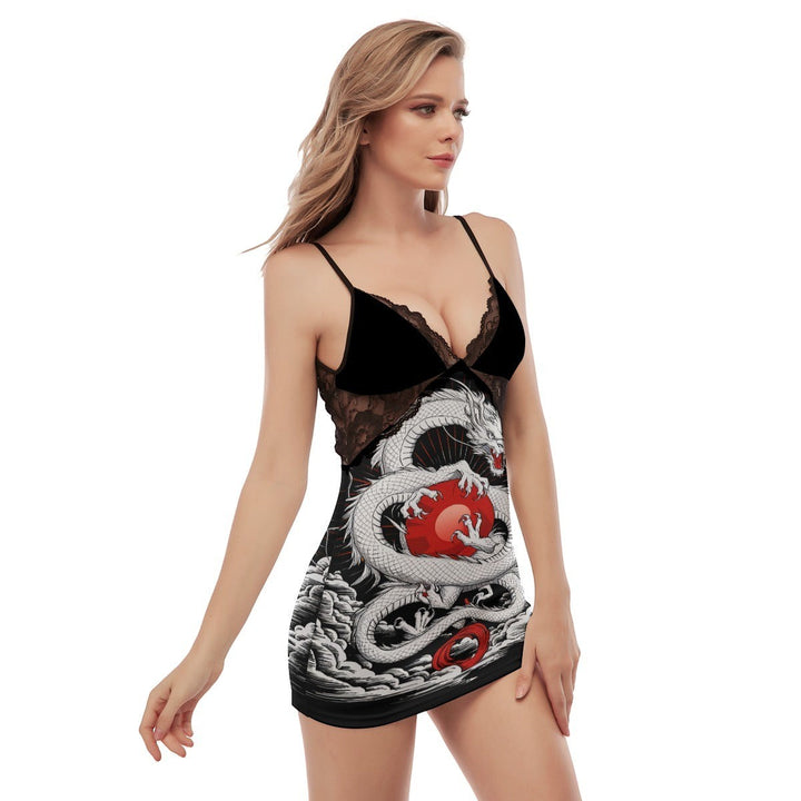Sea Dragon Dreams cami dress featuring a bold white dragon and red orb print with black lace trim and spaghetti straps