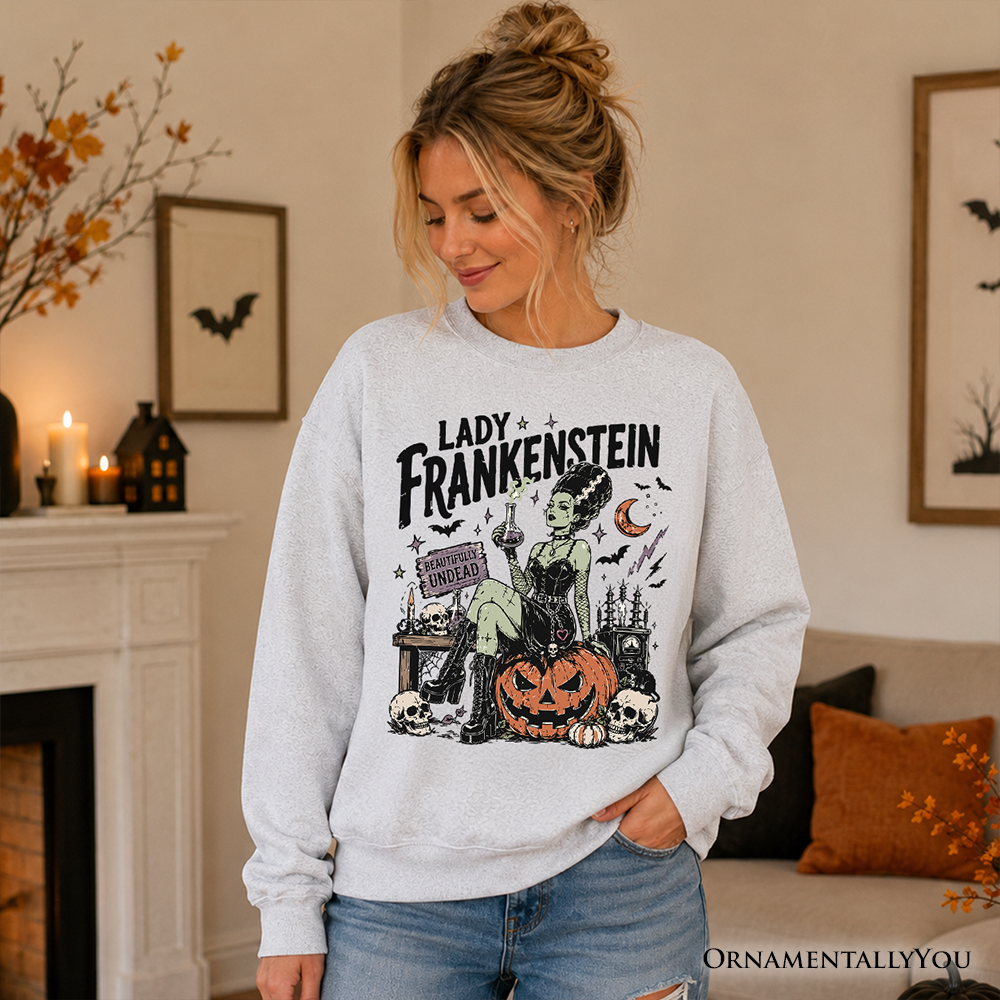 Sea Dragon Dreams Lady Frankenstein vintage gothic sweatshirt with retro undead horror graphic on light grey fleece